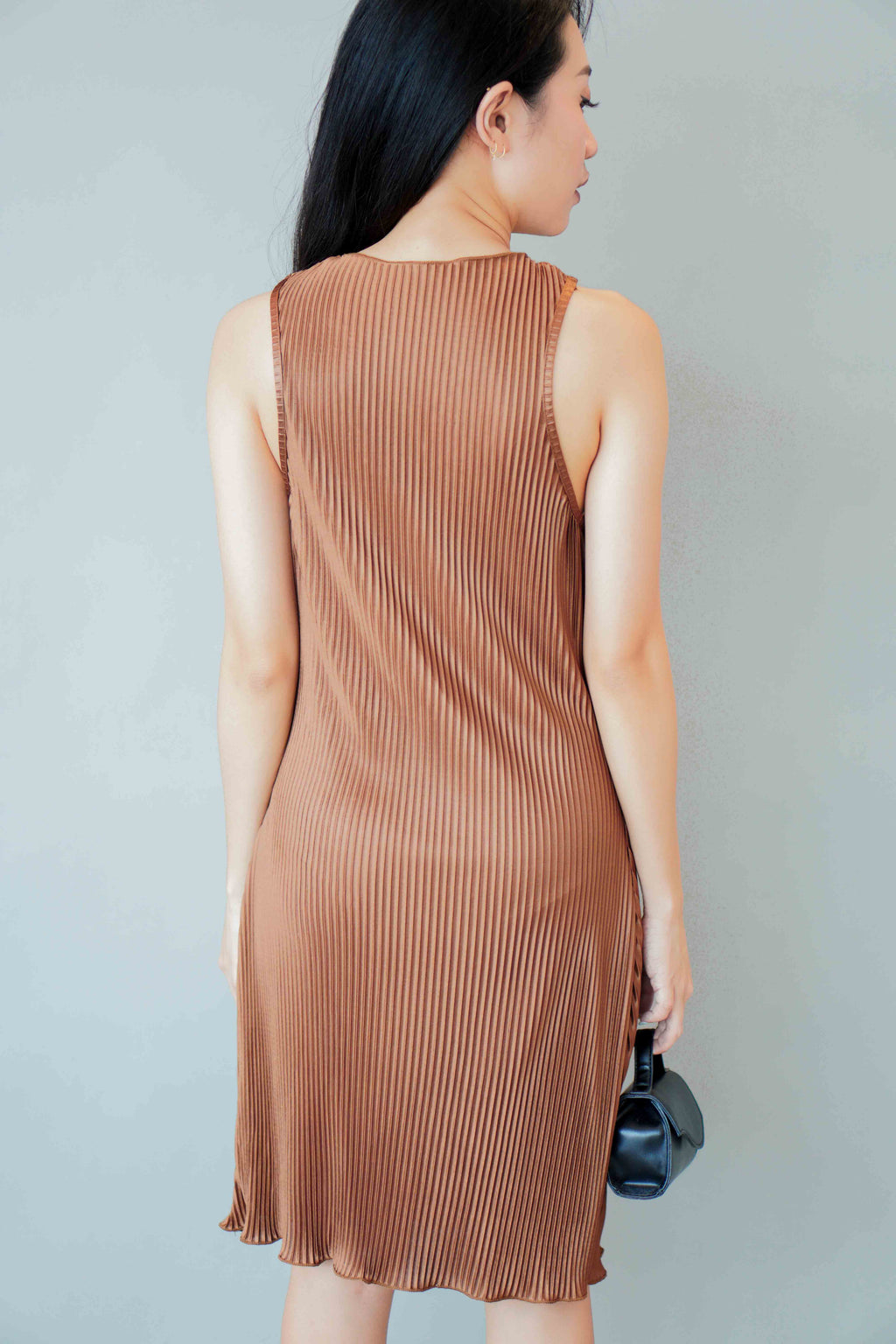 Amee Halter Pleated Dress in Brown