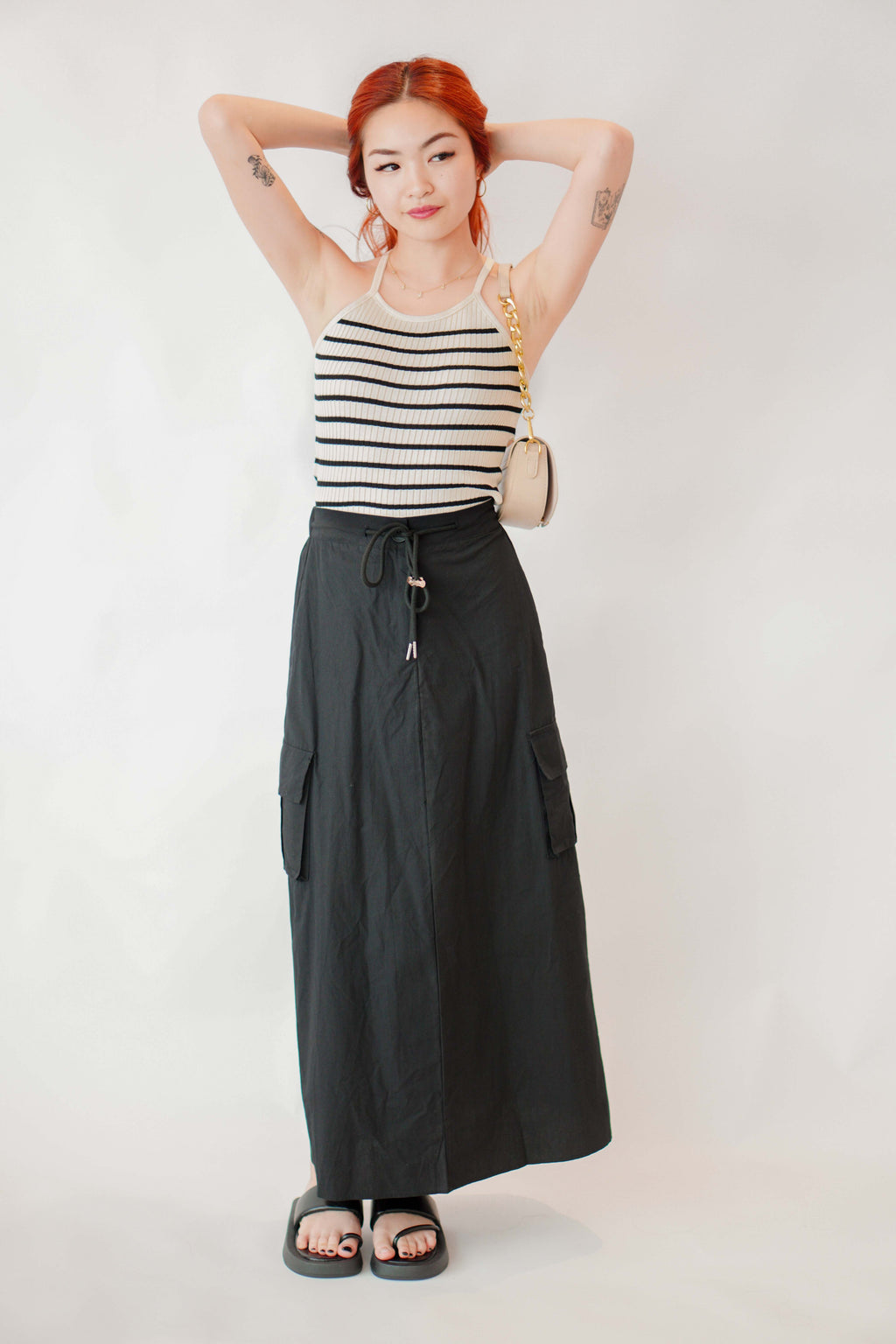 Dakota Crossback Halter Top in Beige with Black Stripes