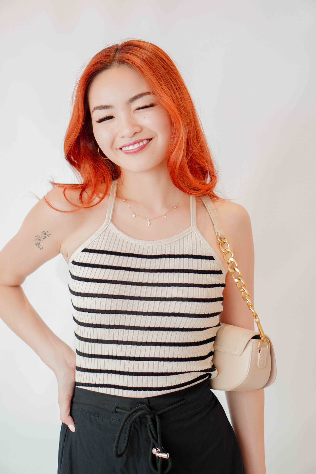 Dakota Crossback Halter Top in Beige with Black Stripes
