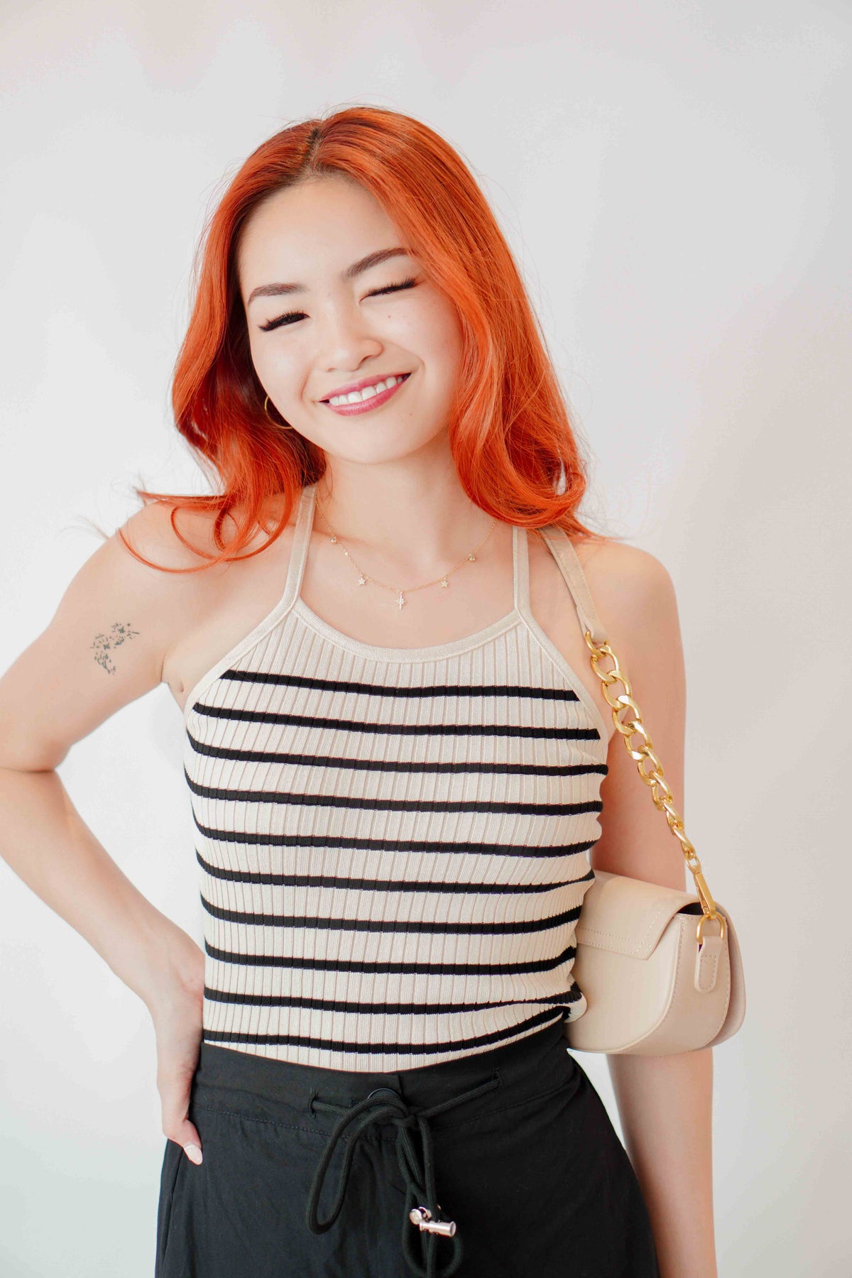 Dakota Crossback Halter Top in Beige with Black Stripes