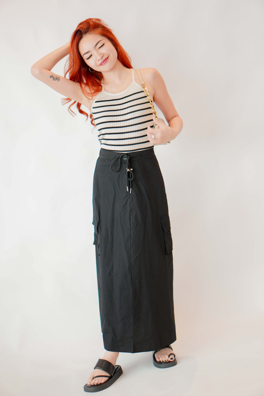 Dakota Crossback Halter Top in Beige with Black Stripes