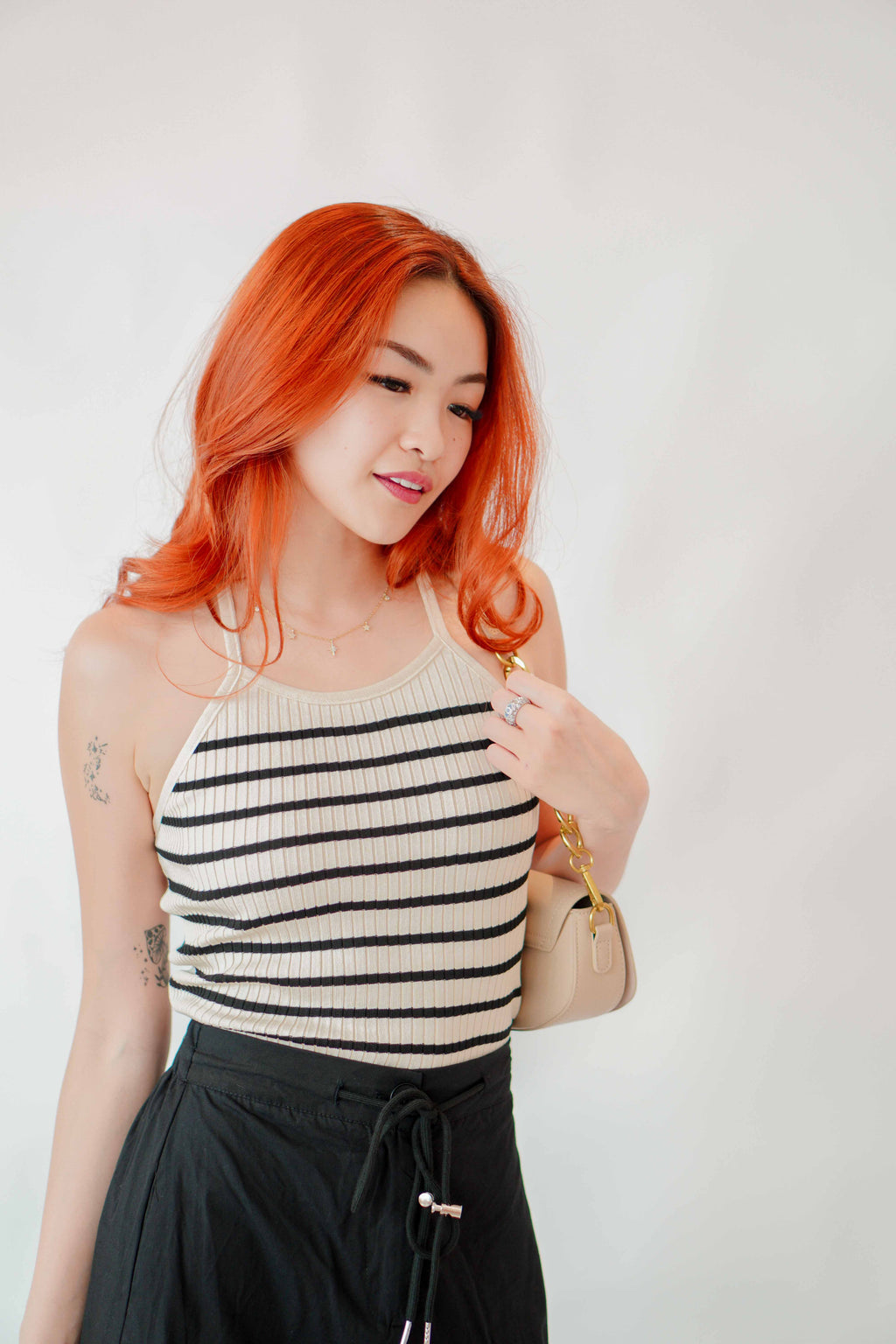 Dakota Crossback Halter Top in Beige with Black Stripes