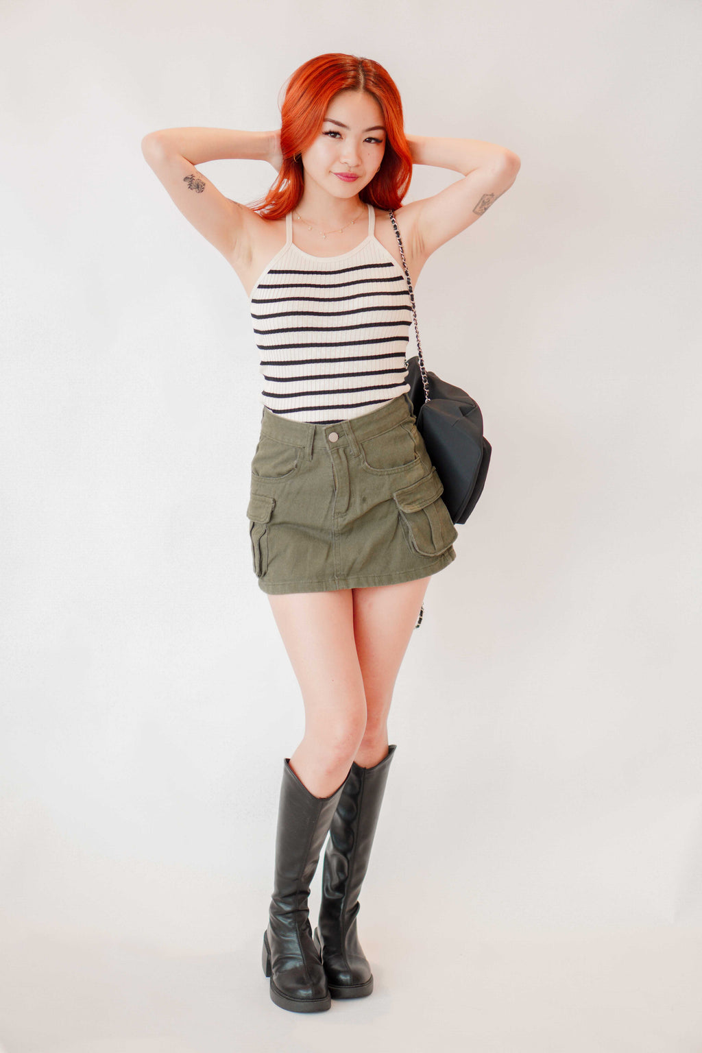 Dakota Crossback Halter Top in Beige with Black Stripes