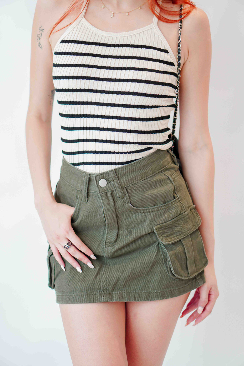 Dakota Crossback Halter Top in Beige with Black Stripes