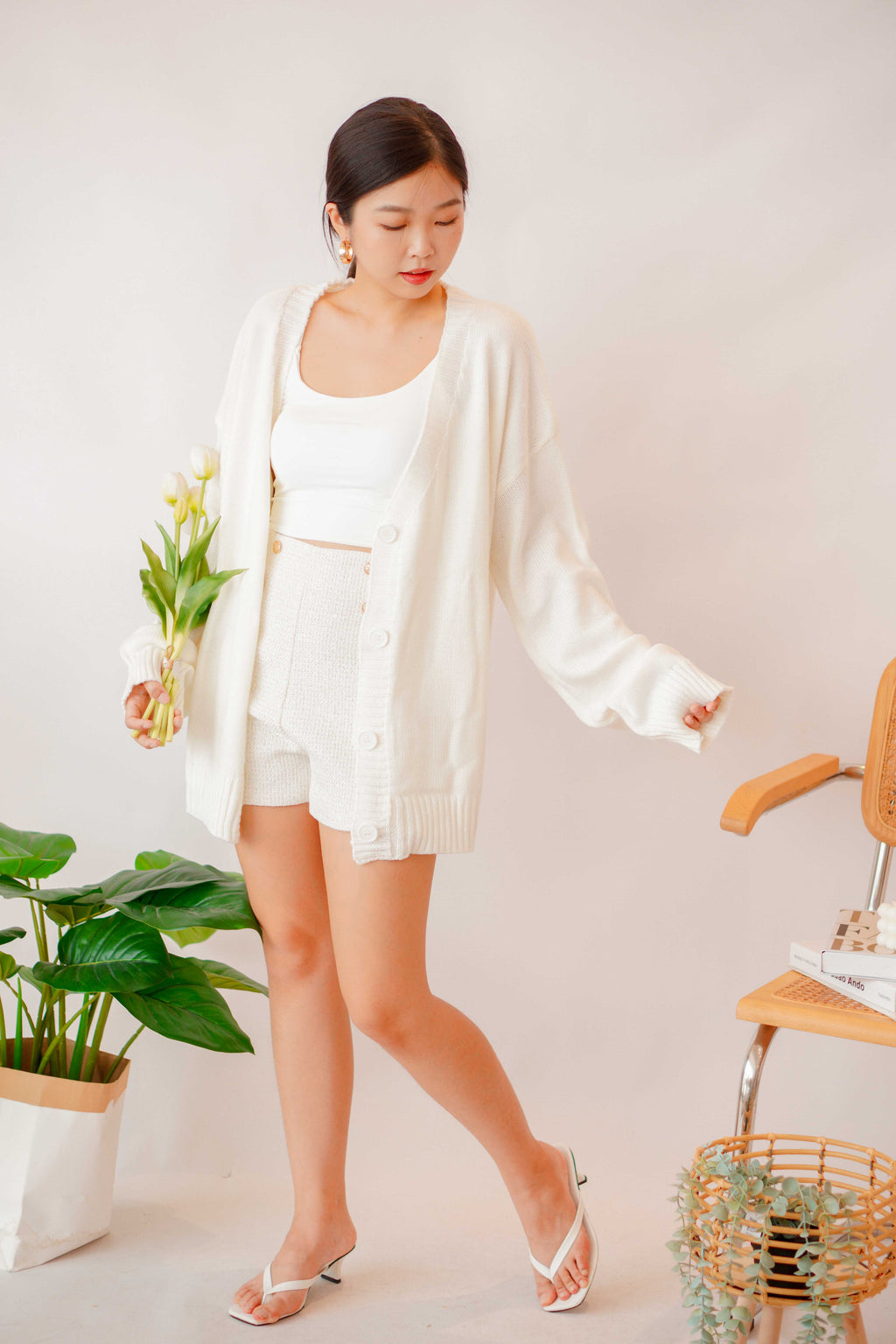 Merci High Waisted Tweed Shorts in Cream White