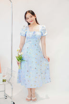 Mazarine Summer Floral Puffy Sleeves Maxi Dress in Blue