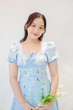 Mazarine Summer Floral Puffy Sleeves Maxi Dress in Blue