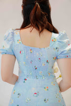 Mazarine Summer Floral Puffy Sleeves Maxi Dress in Blue