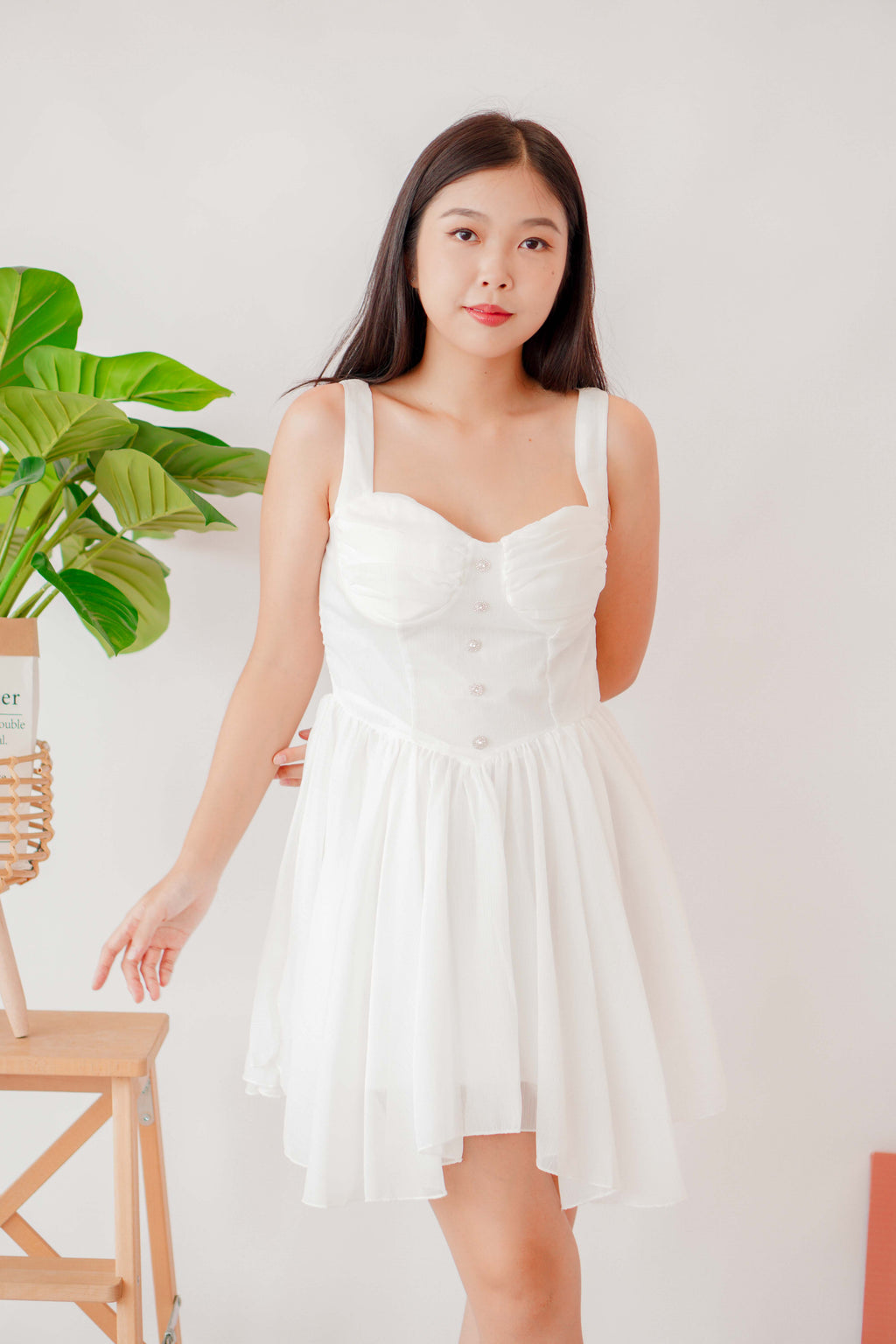 White Opal Ruched Bust Mini Dress in White