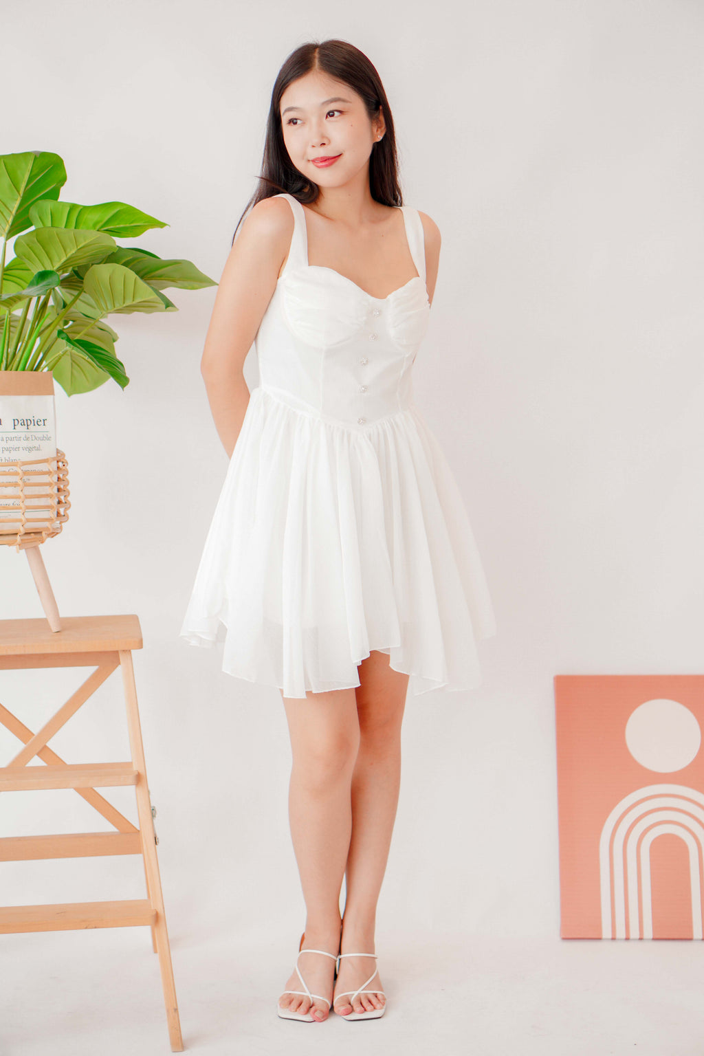 White Opal Ruched Bust Mini Dress in White