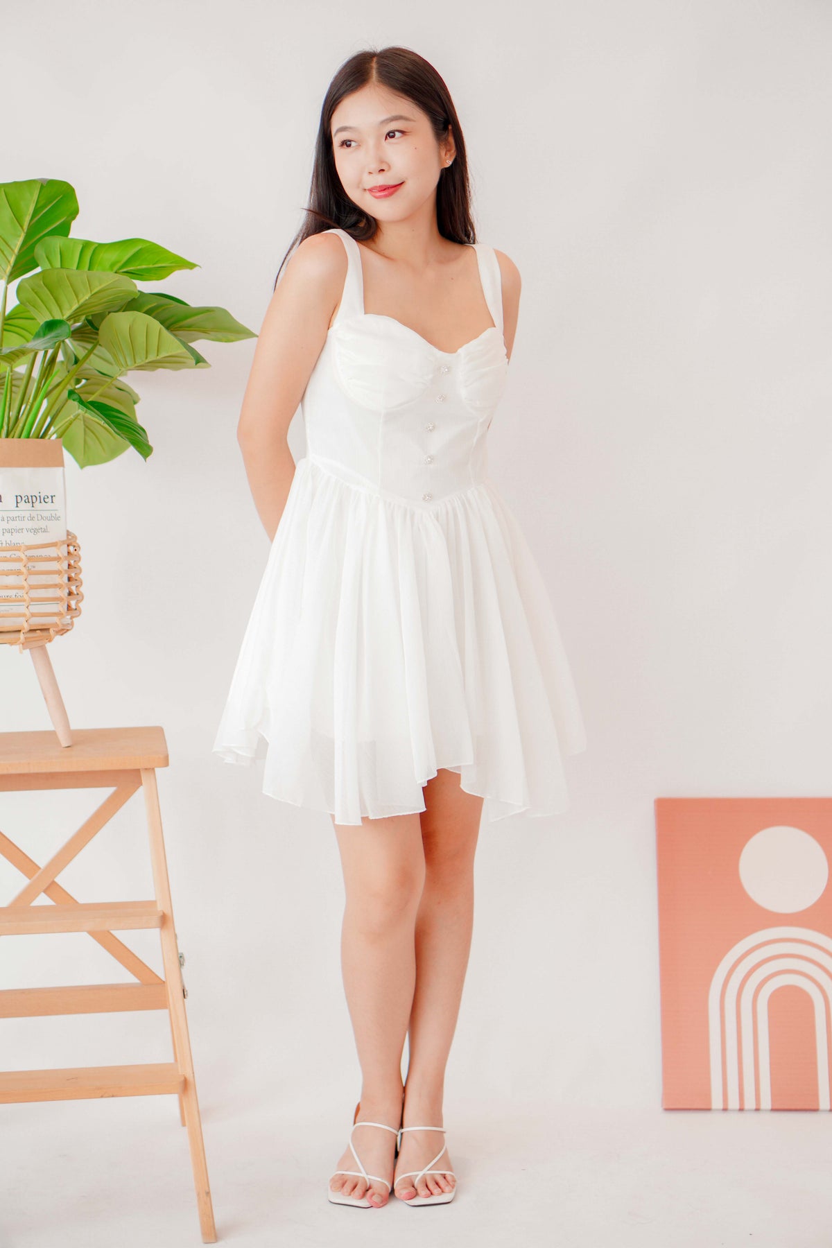 White Opal Ruched Bust Mini Dress in White