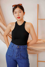Basic Halter Ribbed Top in Black