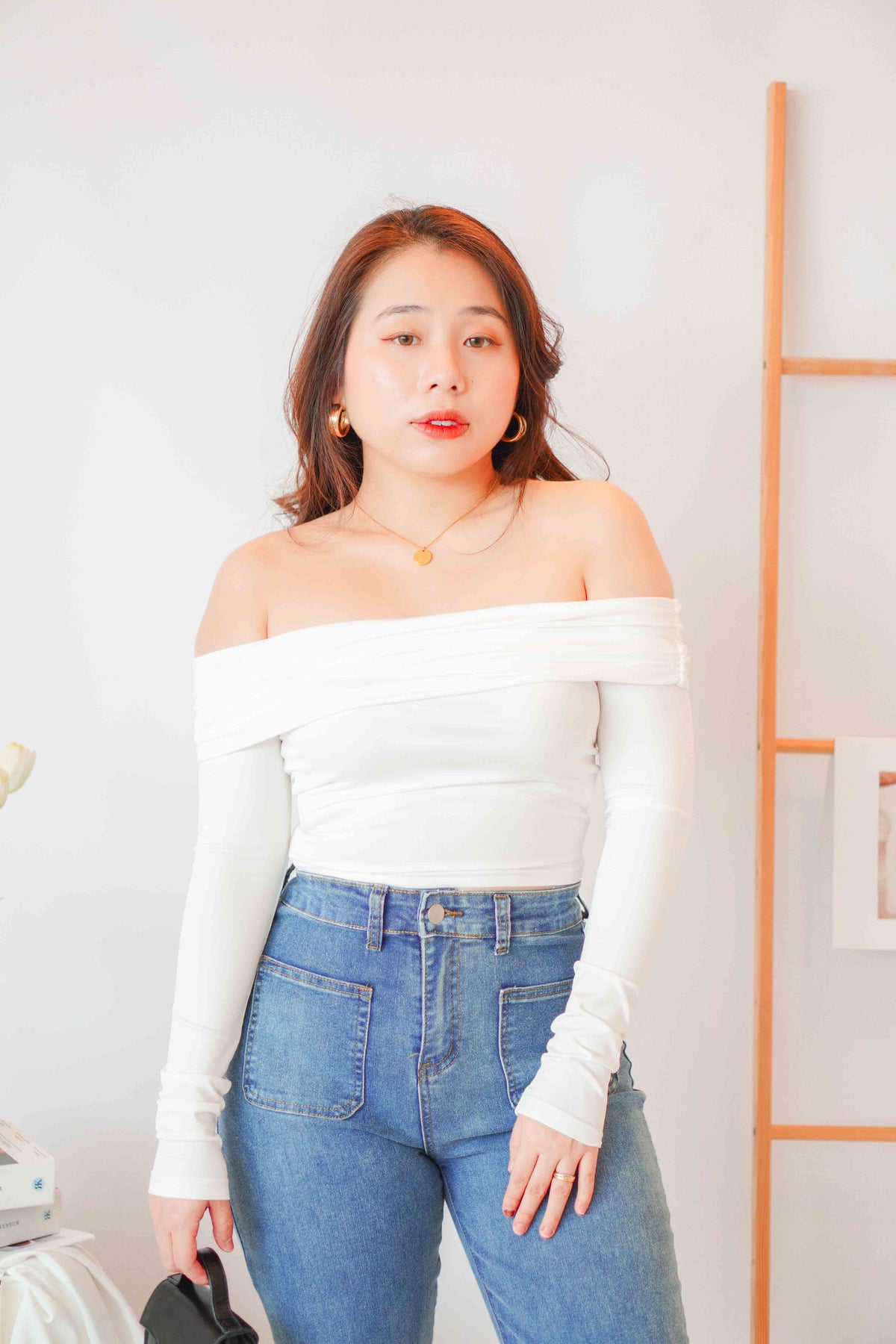 Yvette Off Shoulder Long Sleeve Top in White