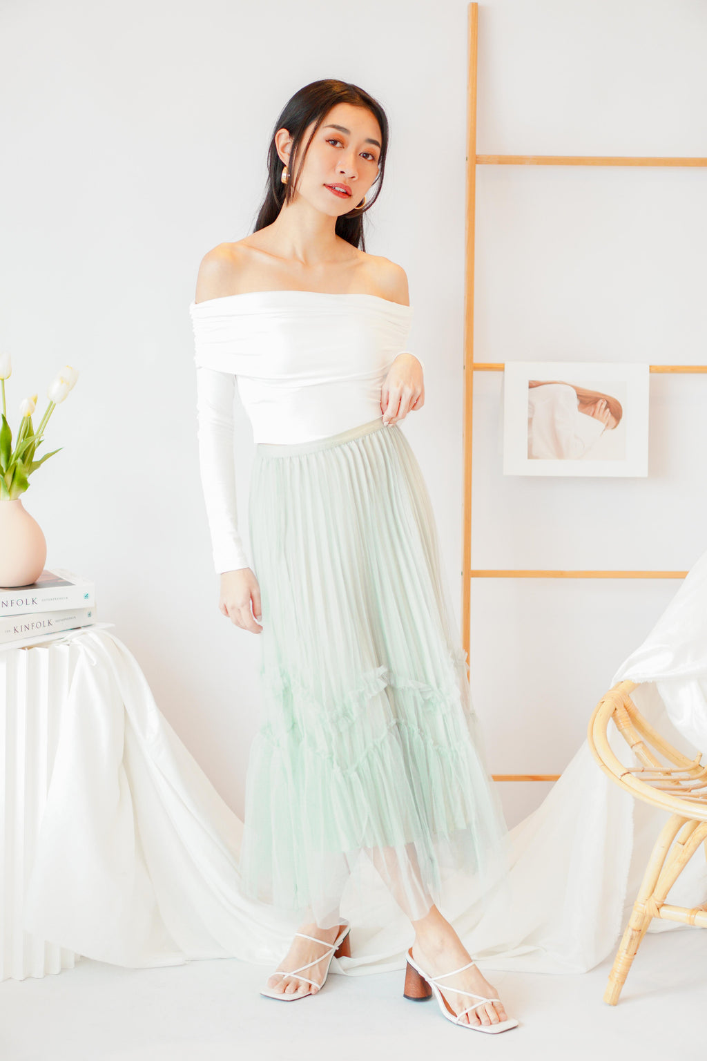 Yvette Off Shoulder Long Sleeve Top in White