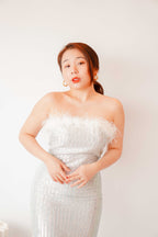Elzy Sequin Feather Dress in Silver