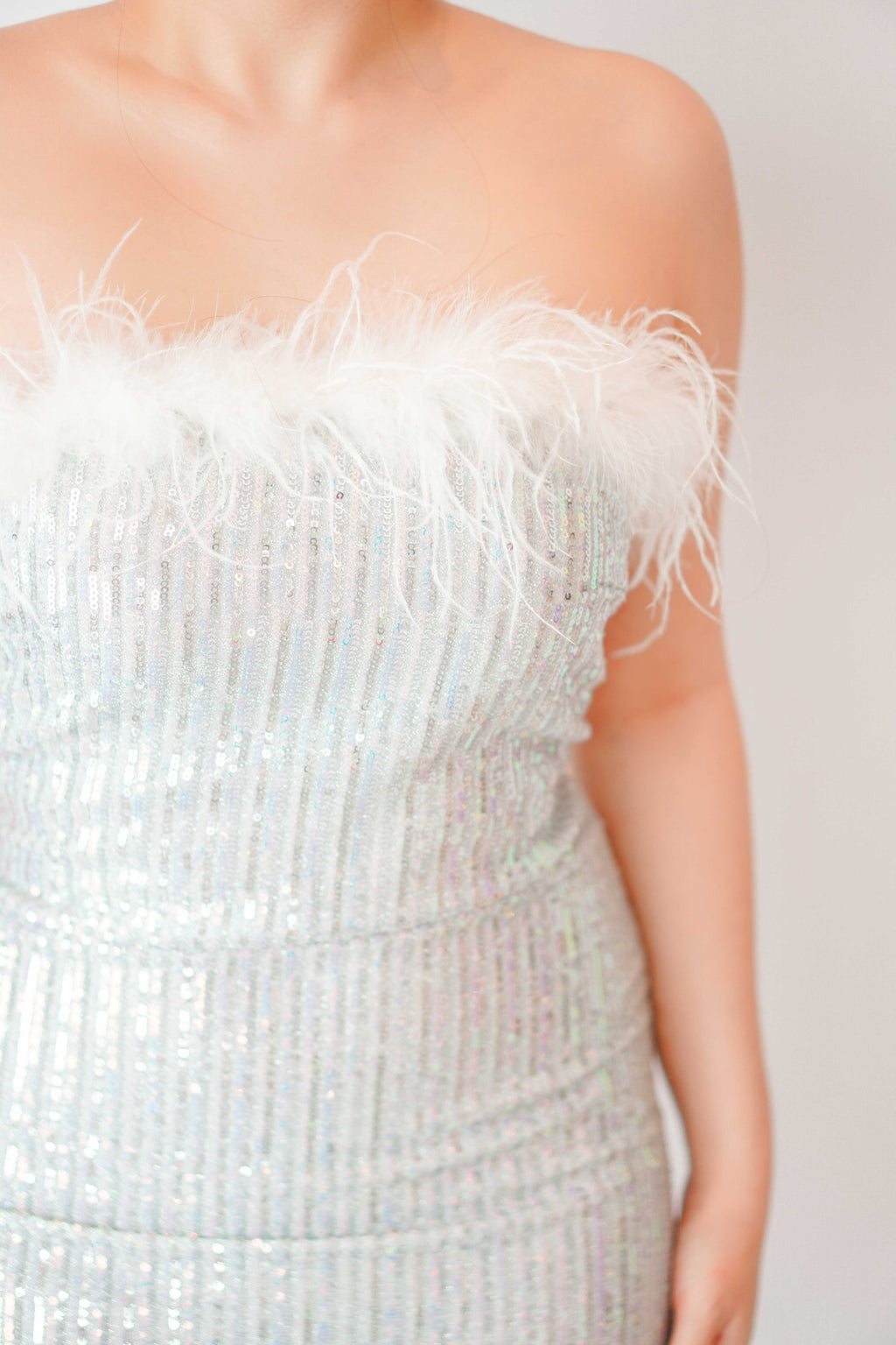 Elzy Sequin Feather Dress in Silver