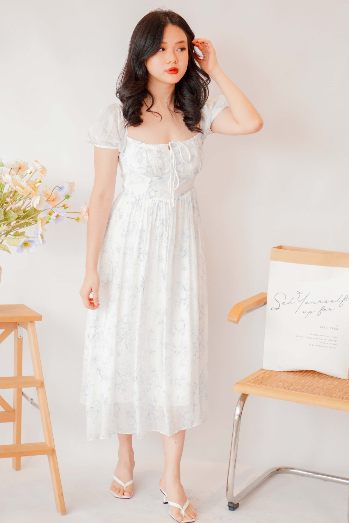 Amaryllis Square Neck Floral Dress in White