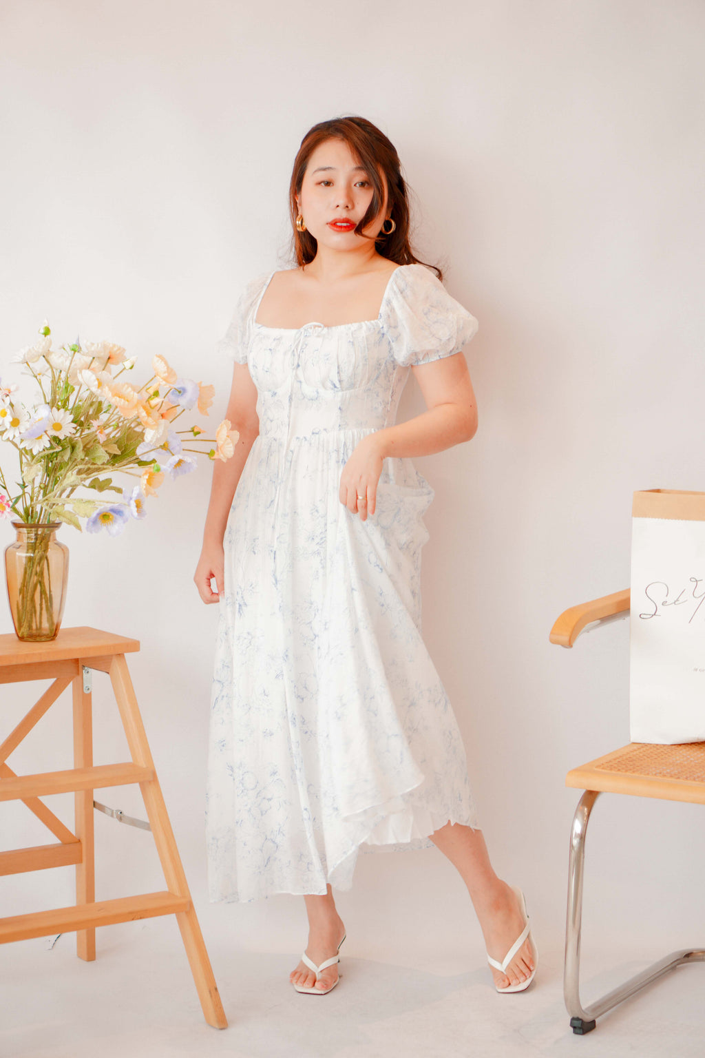 Amaryllis Square Neck Floral Dress in White