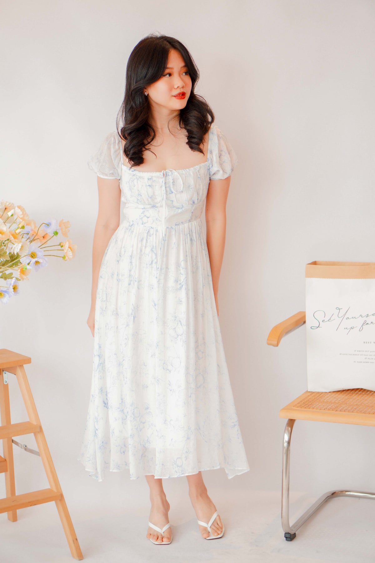 Amaryllis Square Neck Floral Dress in White