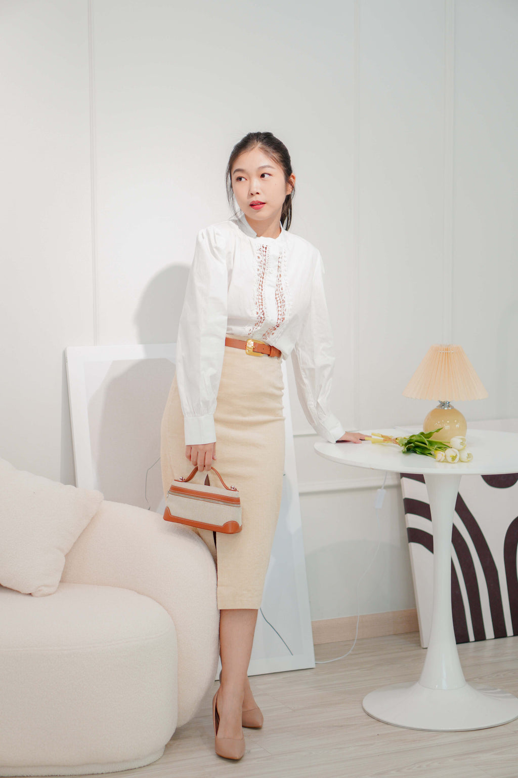 Carter Corduroy Bodycon Skirt in Beige