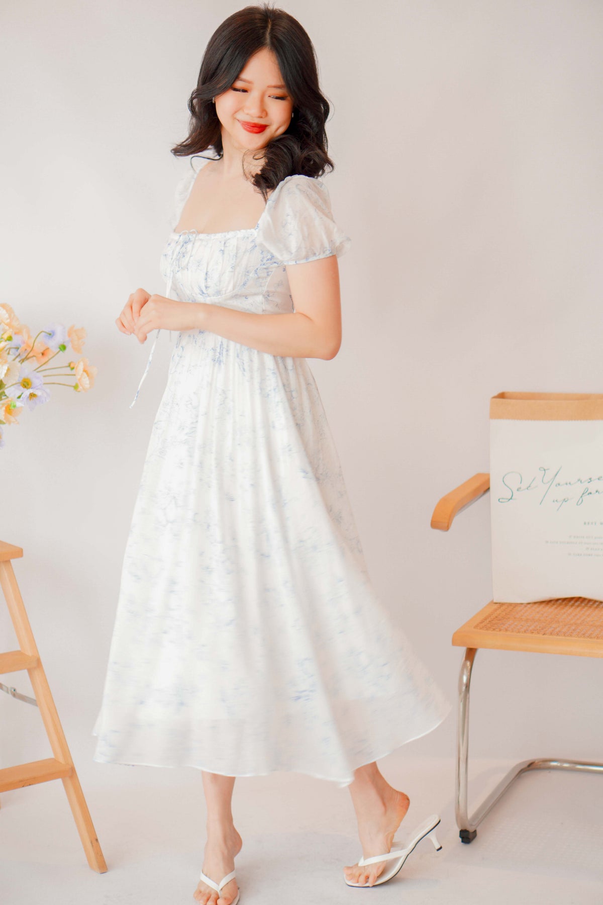 Amaryllis Square Neck Floral Dress in White