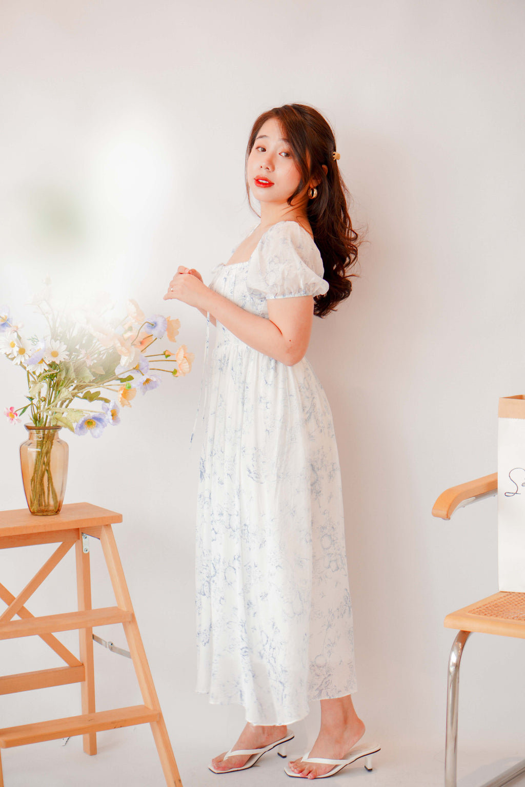 Amaryllis Square Neck Floral Dress in White