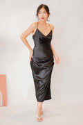 Black Opal Deep V Satin Ruched Dress in Black
