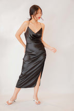 Black Opal Deep V Satin Ruched Dress in Black