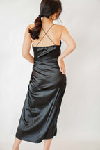 Black Opal Deep V Satin Ruched Dress in Black