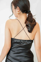 Black Opal Deep V Satin Ruched Dress in Black