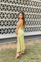 Tuscan Sun Floral Tie Back Boydcon Slit Dress in Yellow