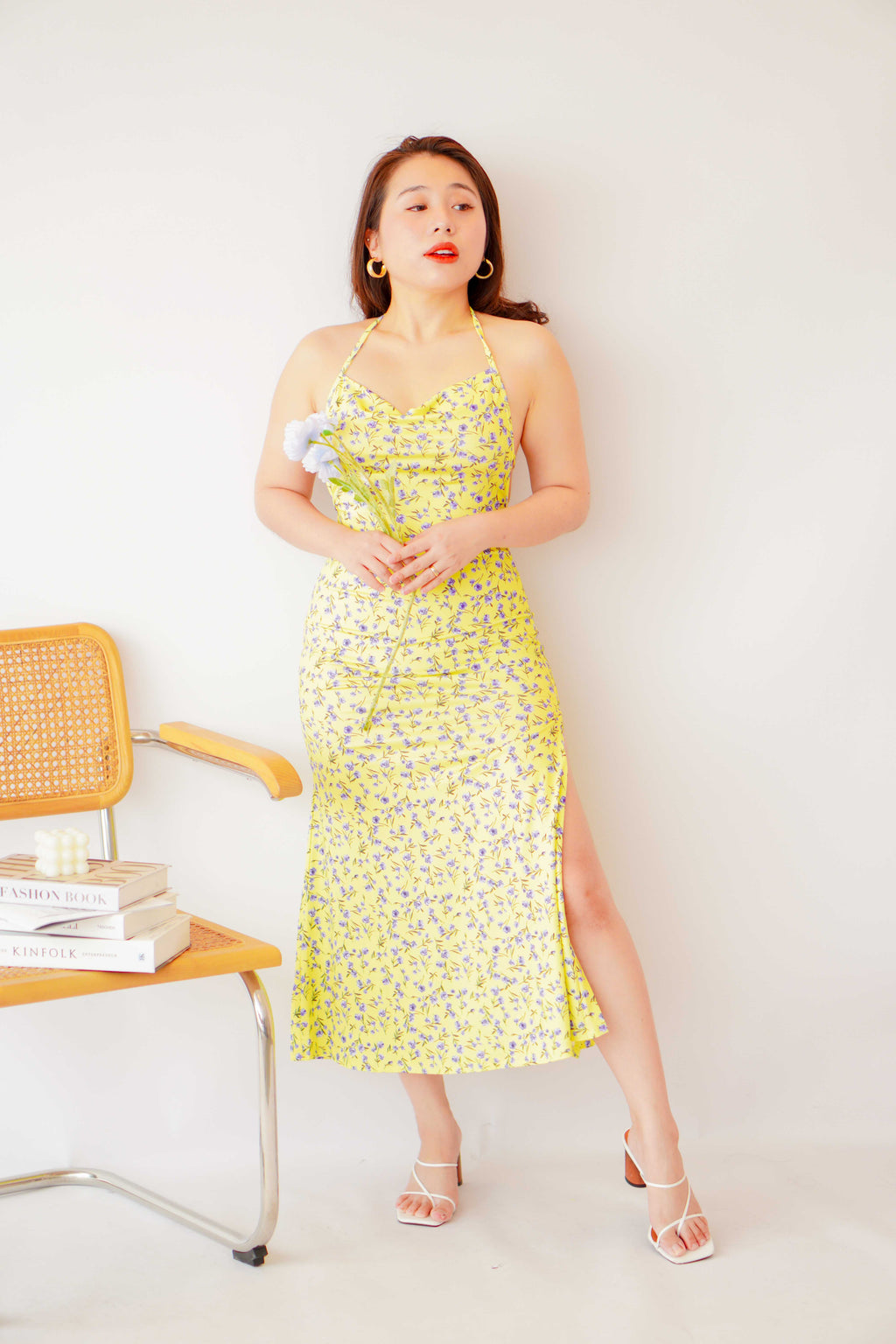 Tuscan Sun Floral Tie Back Boydcon Slit Dress in Yellow