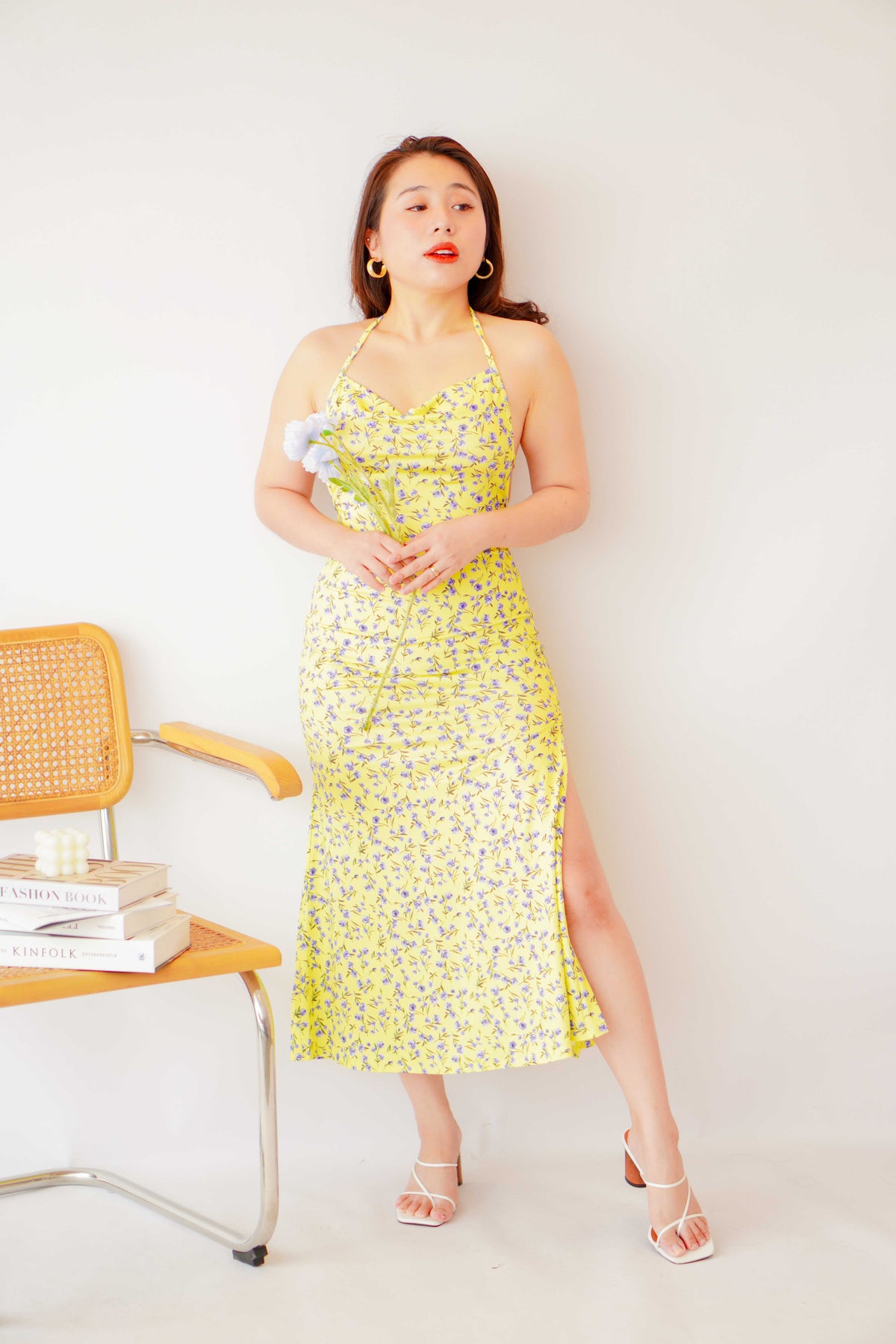 Tuscan Sun Floral Tie Back Boydcon Slit Dress in Yellow