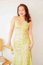 Tuscan Sun Floral Tie Back Boydcon Slit Dress in Yellow