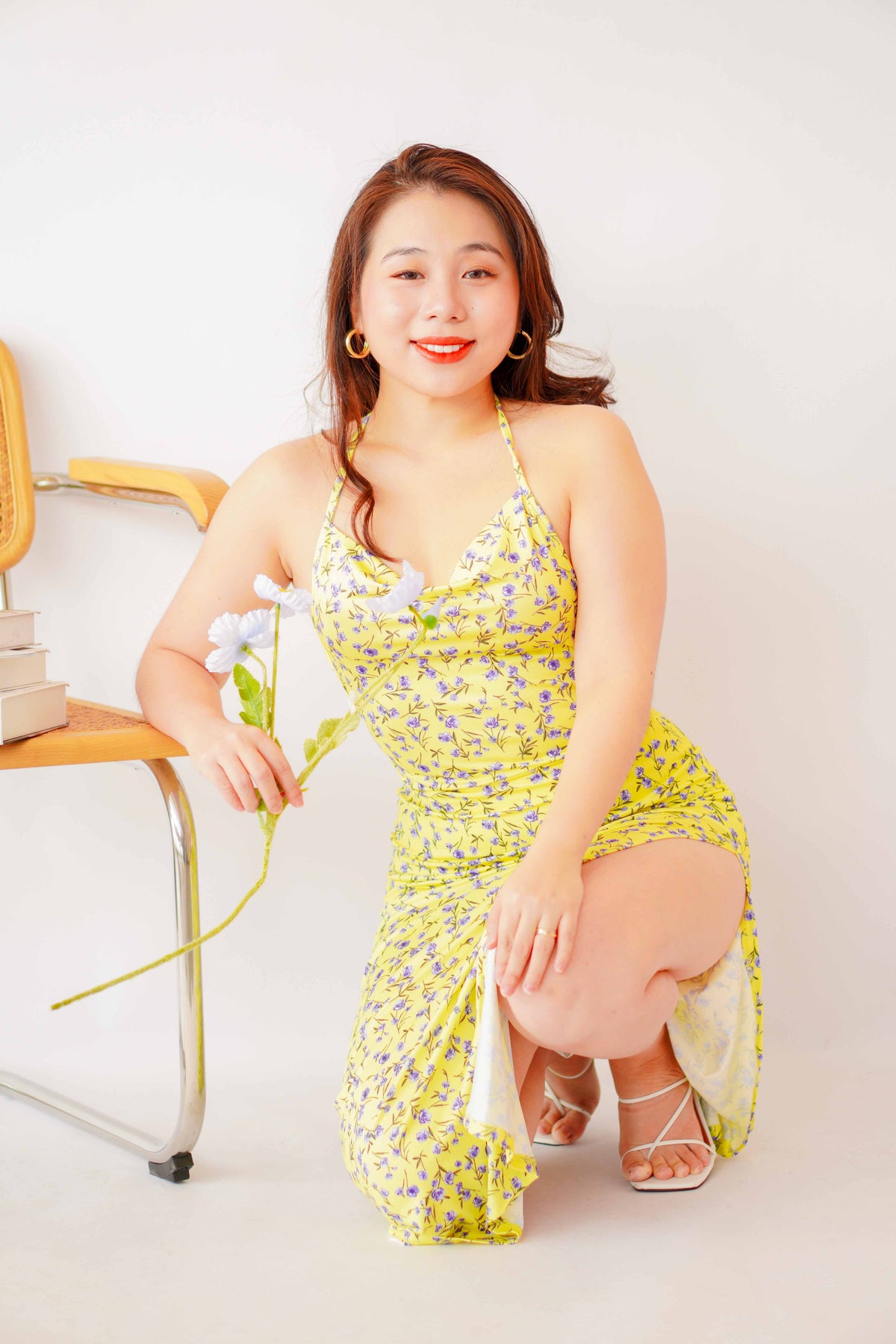 Tuscan Sun Floral Tie Back Boydcon Slit Dress in Yellow