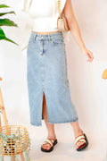 Kenzie Midi Denim Skirt with Slit in Blue