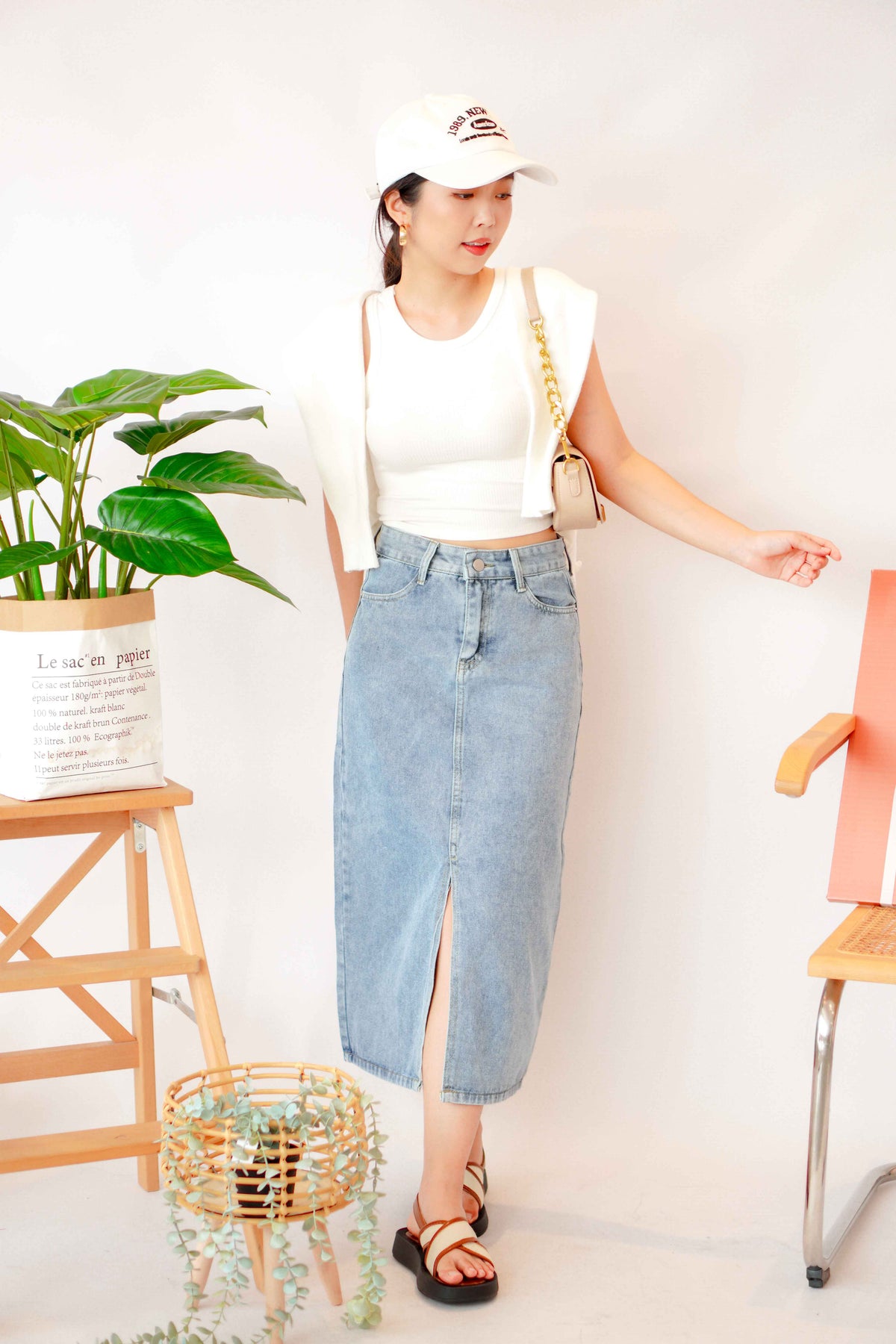 Kenzie Midi Denim Skirt with Slit in Blue