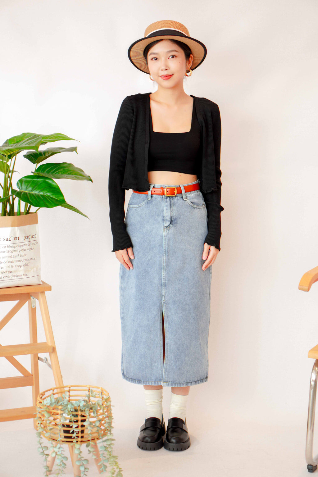 Kenzie Midi Denim Skirt with Slit in Blue