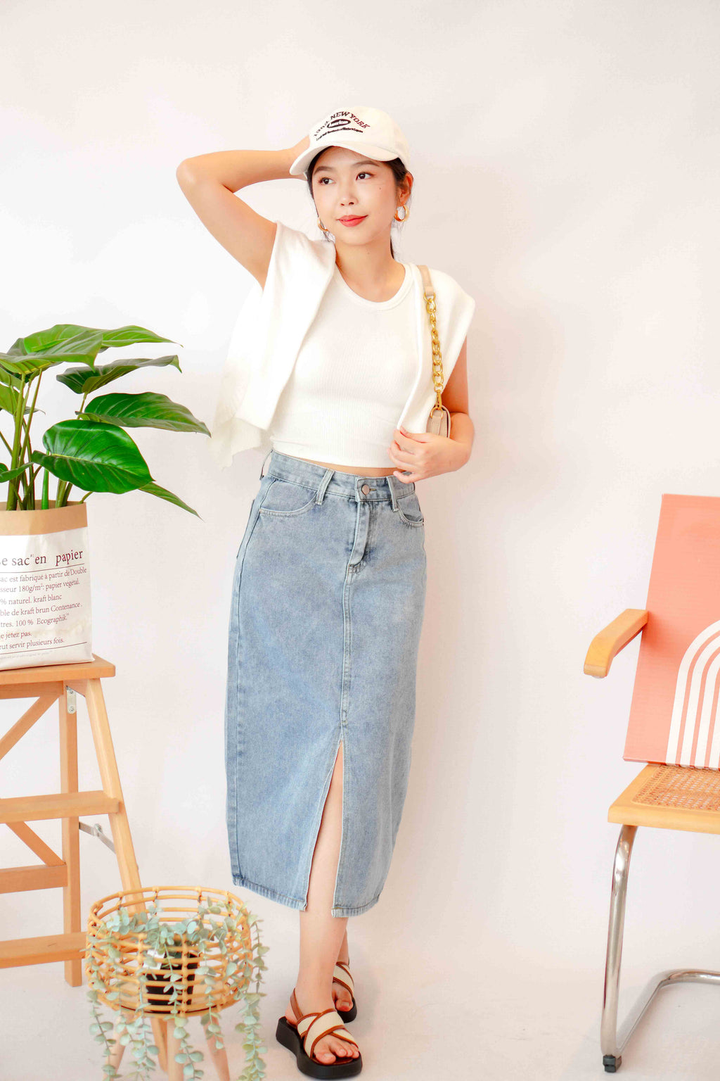Kenzie Midi Denim Skirt with Slit in Blue