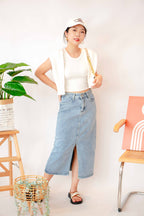 Kenzie Midi Denim Skirt with Slit in Blue