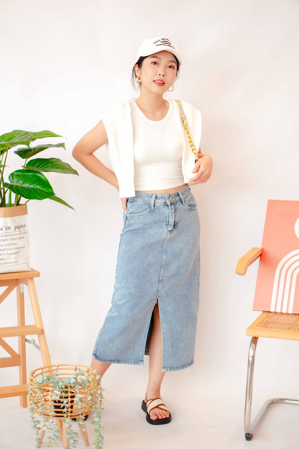 Kenzie Midi Denim Skirt with Slit in Blue