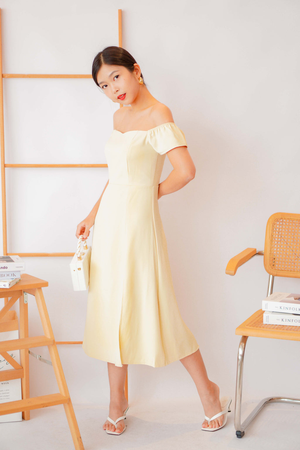 Belle Off Shoulder Midi Slit Dress in Yellow