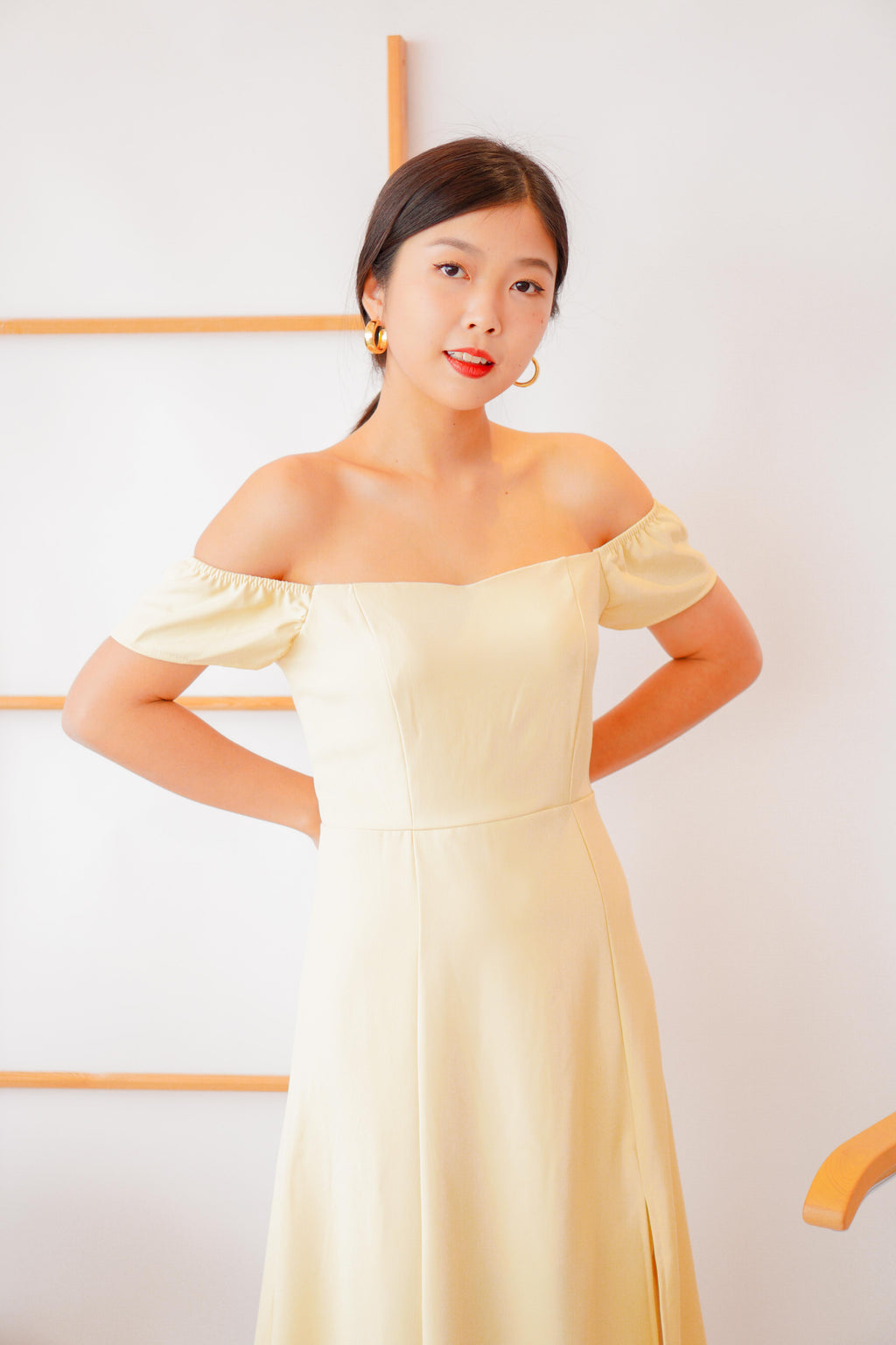 Belle Off Shoulder Midi Slit Dress in Yellow