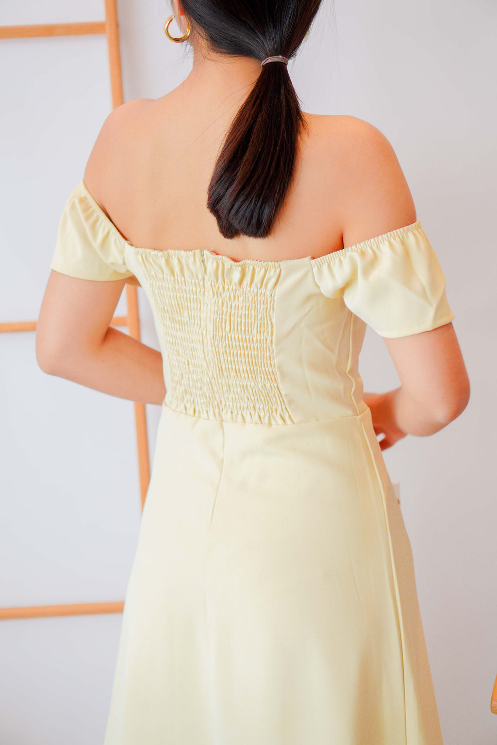 Belle Off Shoulder Midi Slit Dress in Yellow