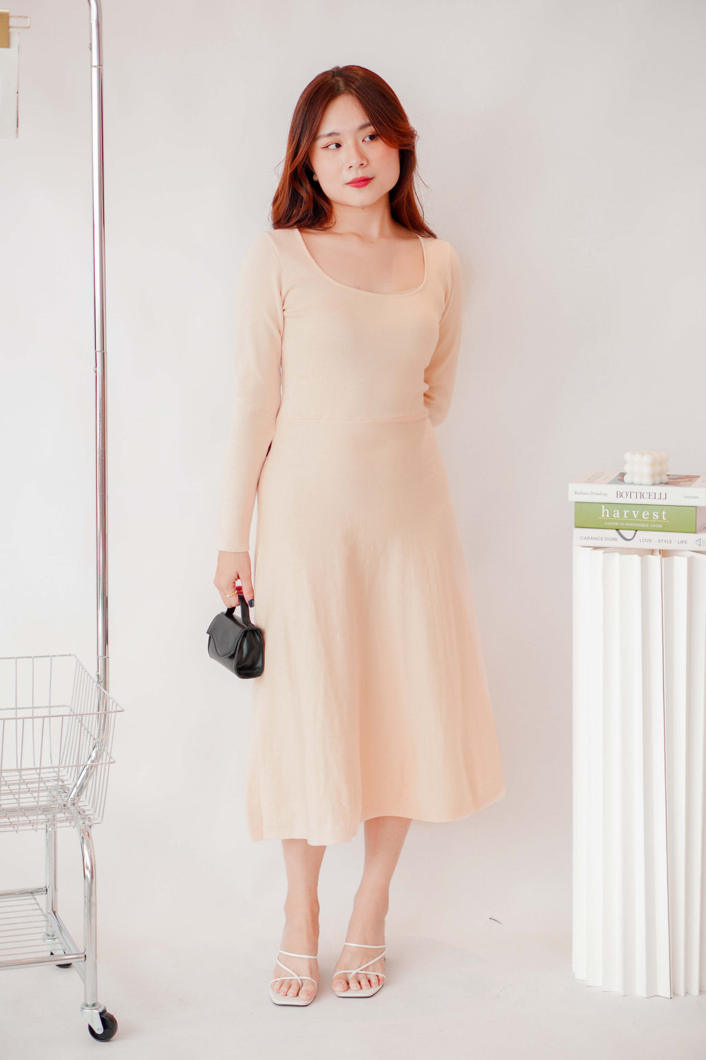 Tara Long Sleeve Knit A-Line Dress in Cream Beige