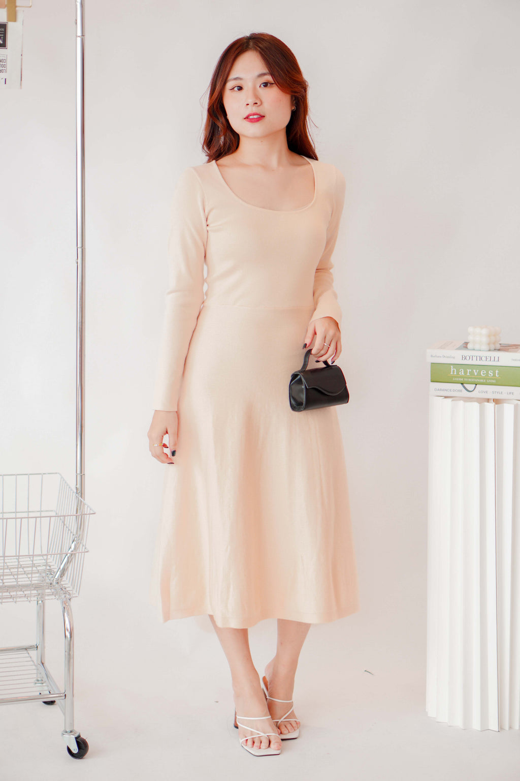 Tara Long Sleeve Knit A-Line Dress in Cream Beige