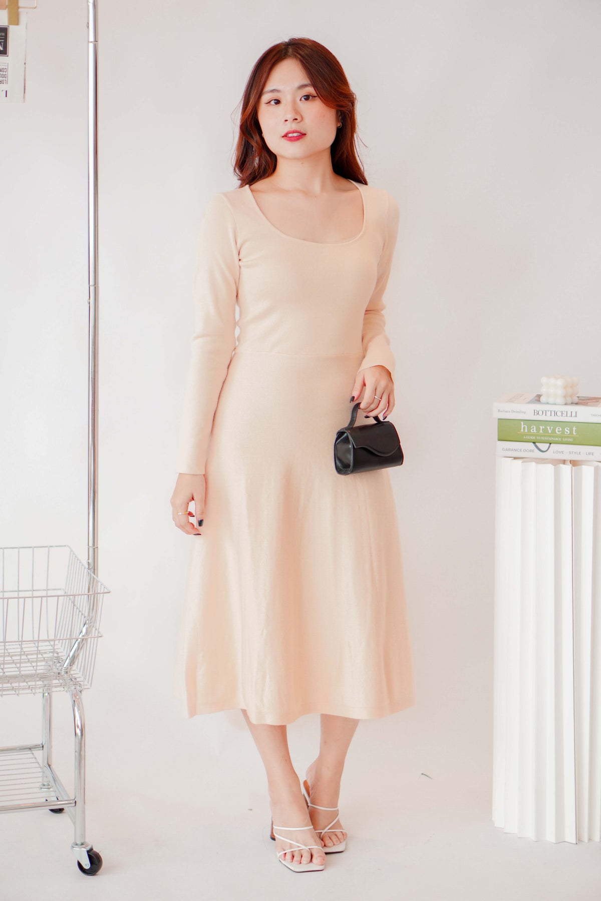 Tara Long Sleeve Knit A-Line Dress in Cream Beige