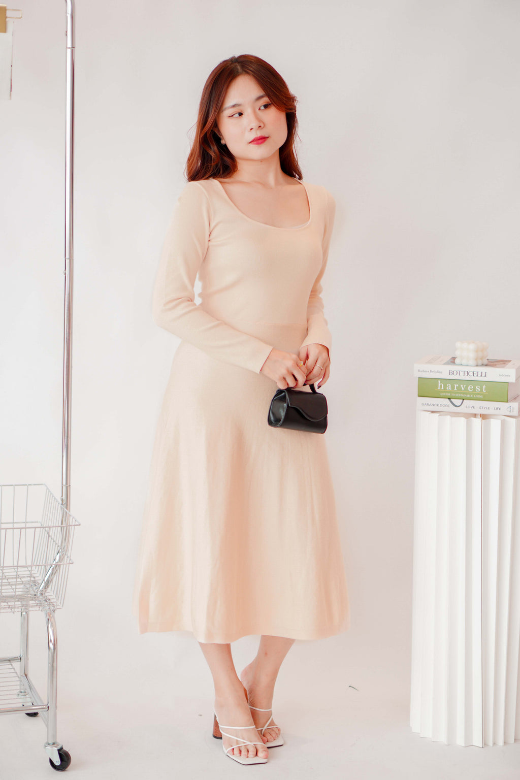 Tara Long Sleeve Knit A-Line Dress in Cream Beige