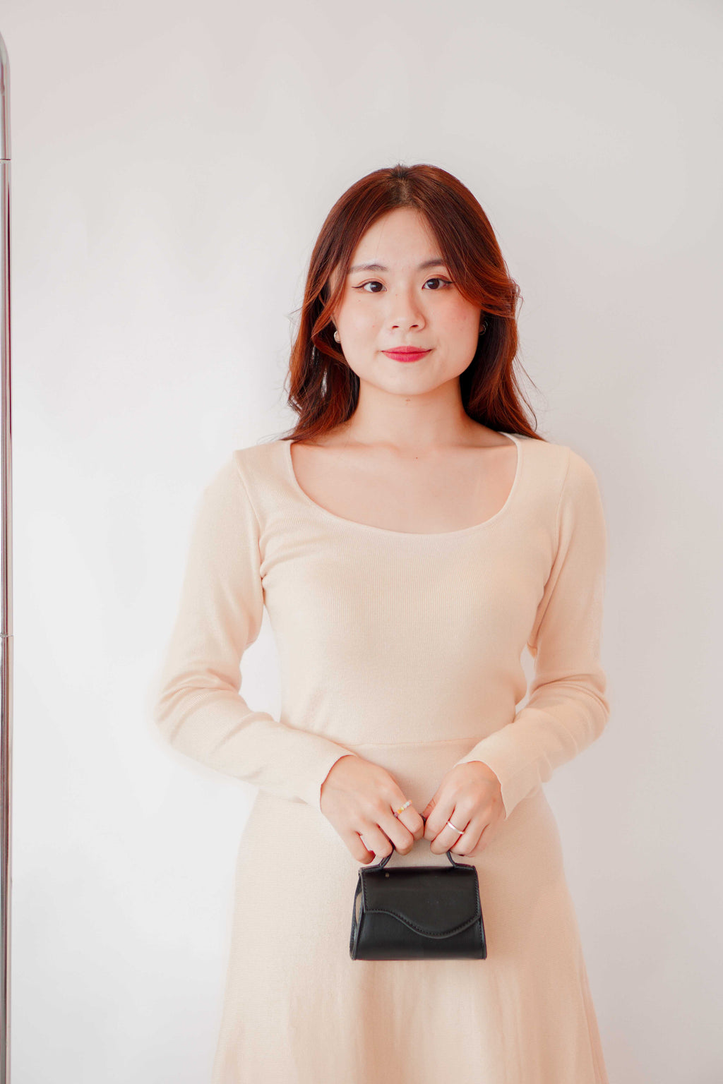 Tara Long Sleeve Knit A-Line Dress in Cream Beige