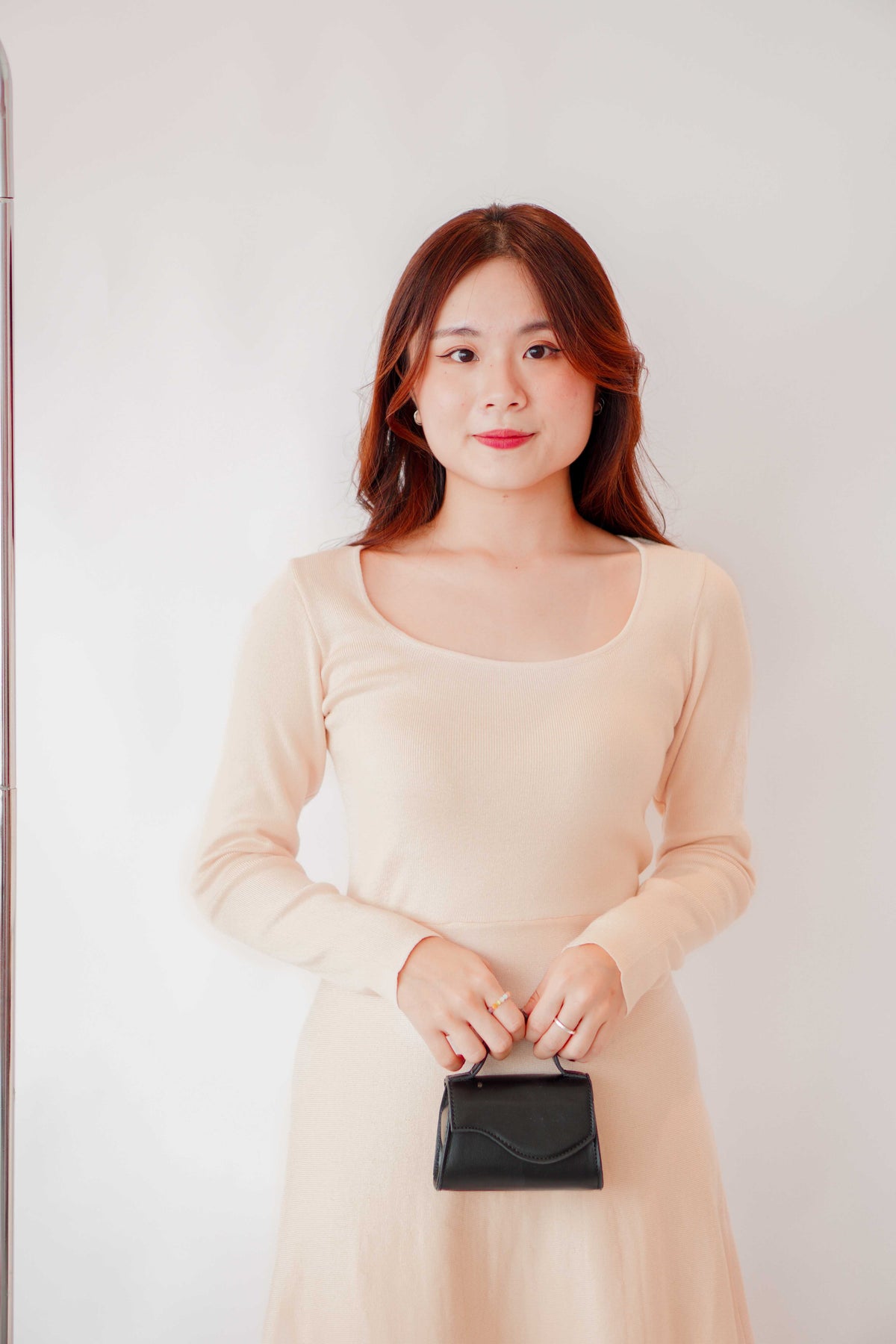 Tara Long Sleeve Knit A-Line Dress in Cream Beige